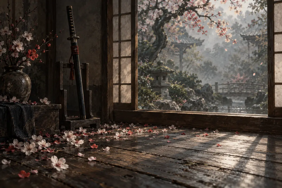 Illustration for a Phantom Blade Zero guide: Fallen plum blossoms scattered across a worn wooden floor, a sword resting in its stand beside an open window; painterly, muted palette.