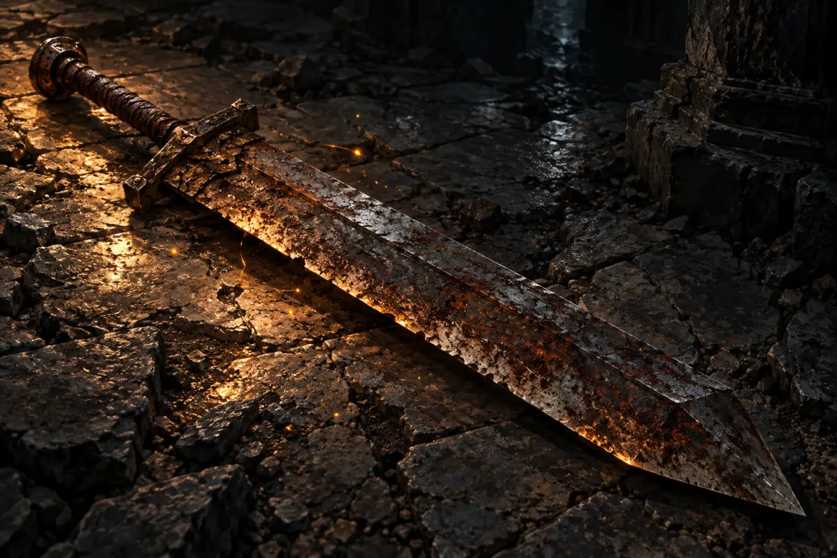 Illustration for a Phantom Blade Zero guide: A heavy rusted iron blade resting across a worn stone floor beside scattered sparks in dim light; painterly, muted palette.