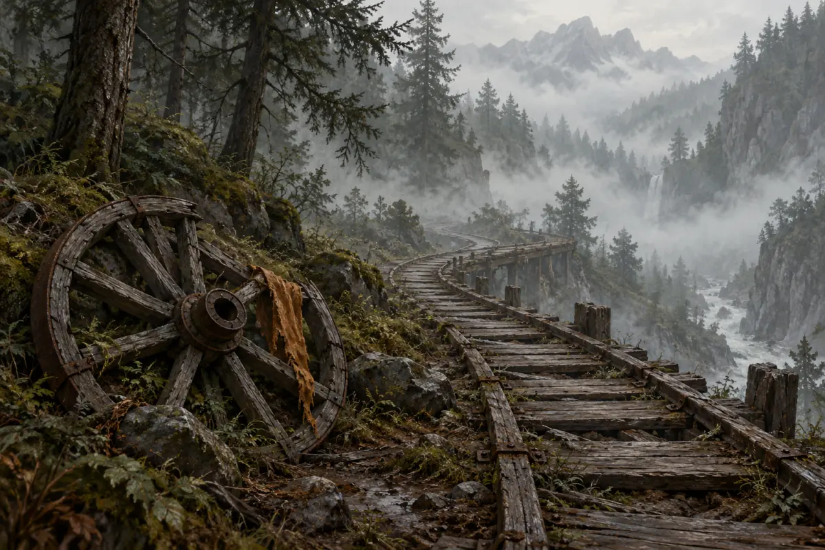 Illustration for a Phantom Blade Zero guide: An empty wooden cart track winding through morning mist, with torn cloth caught on a broken wheel spoke; painterly, muted palette.