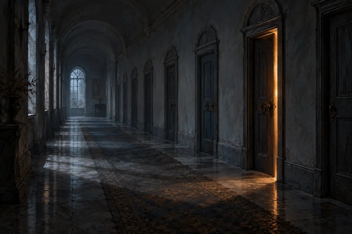 Illustration for a Phantom Blade Zero guide: A row of small closed doors in a long hallway, one of them slightly open; painterly, muted palette.