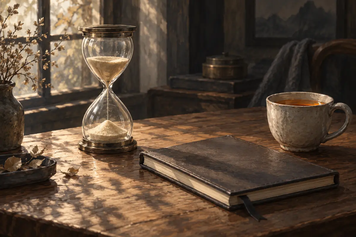 Illustration for a Phantom Blade Zero guide: An hourglass on a desk beside a closed notebook and a cup of tea, soft window light; warm neutral palette.
