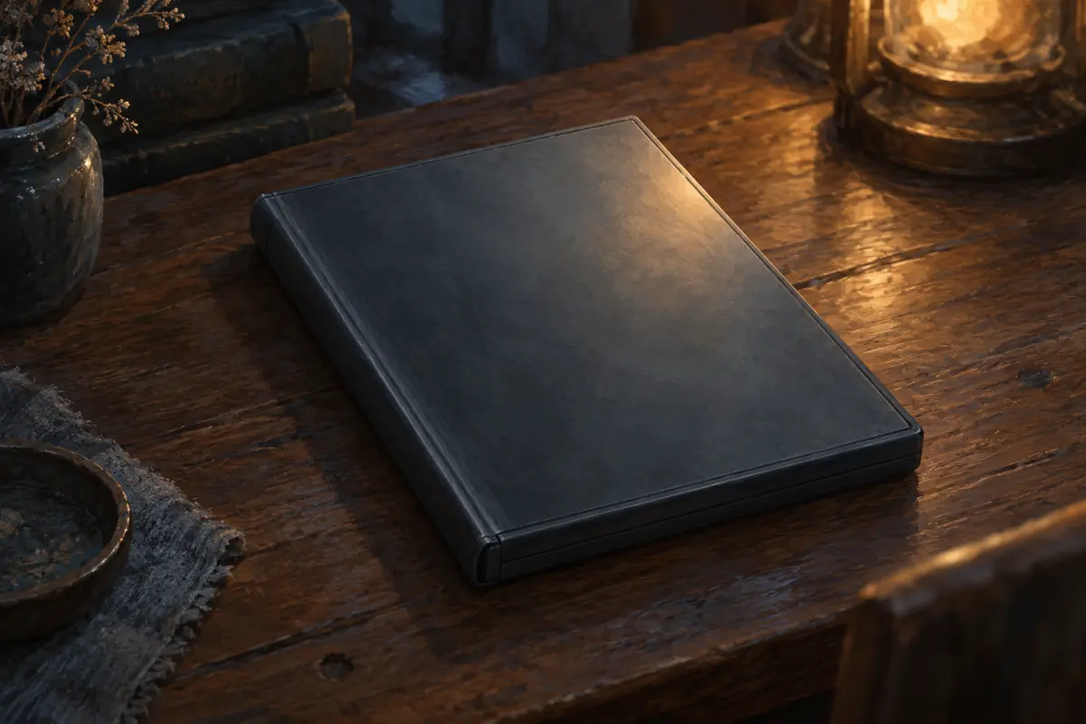 Illustration for a Phantom Blade Zero guide: A plain closed game case on a wooden table with soft shadows, no label visible; painterly, muted palette.