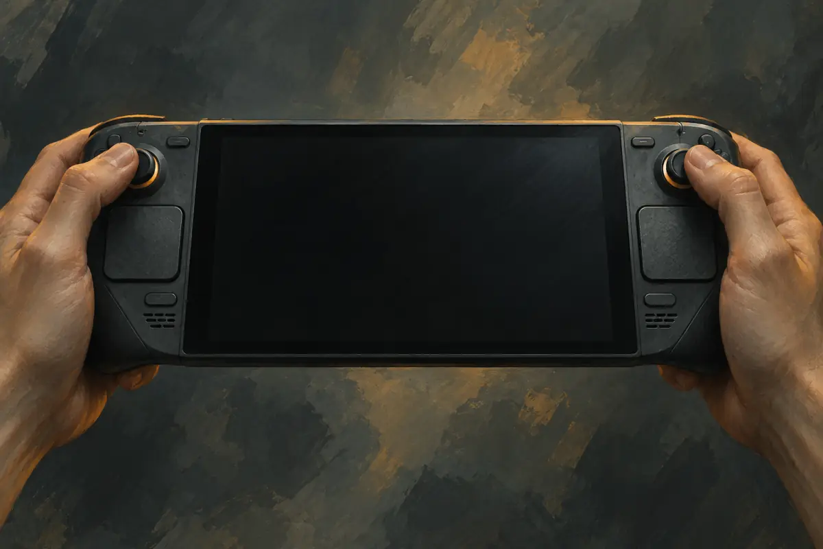Illustration for a Phantom Blade Zero guide: A wide-screen handheld gaming PC in the style of a Steam Deck, with one thumbstick and one trackpad on each side of the screen, held in two hands against a plain muted background; painterly shapes.